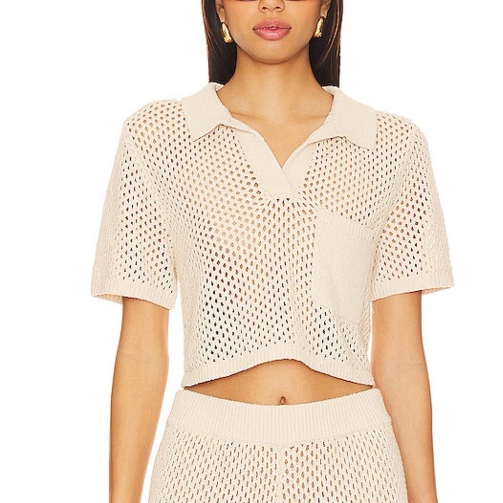 Onia Crochet Cropped Polo Top in Sandshell Size Small